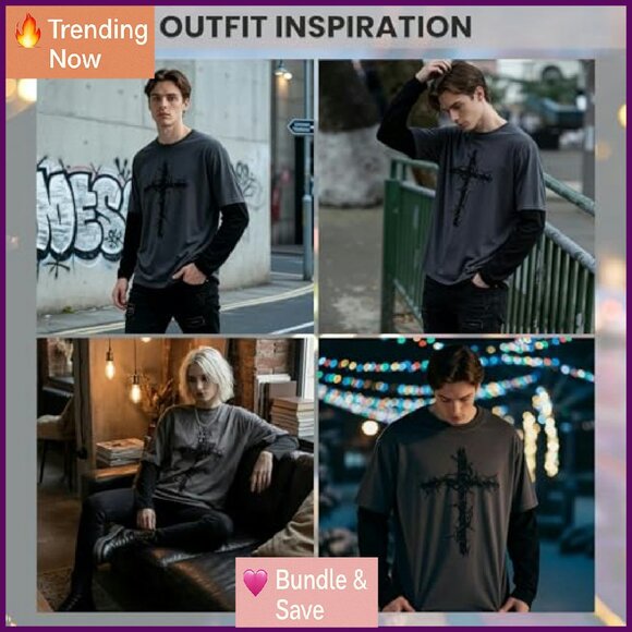 Gothic Long Sleeve Tee Thorn Cross Print Punk Streetwear Unisex - Picture 4 of 7